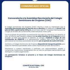 Convocatoria a la Asamblea Eleccionaria del Colegio Dominicano de Cirujanos (CDC)